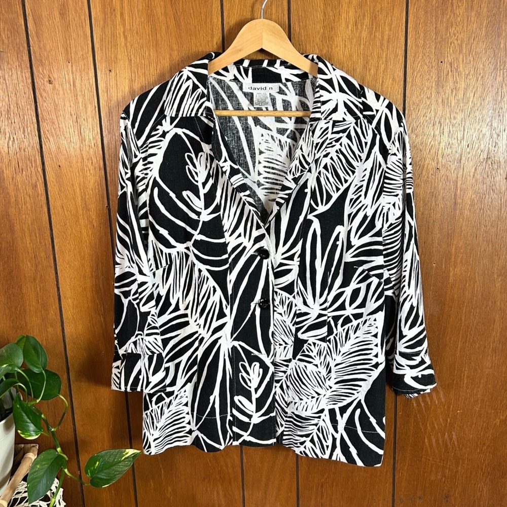 Vintage David N Womens Black White Tropical Leaf Linen‎ Blend Shirt L 80576663